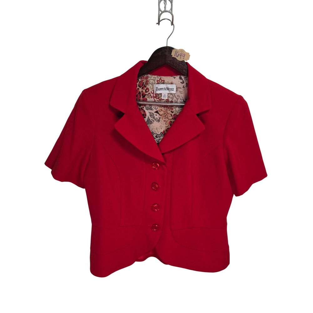 Danny & Nicole Red Short Sleeve Blazer Jacket Size 14 Cropped Button Front